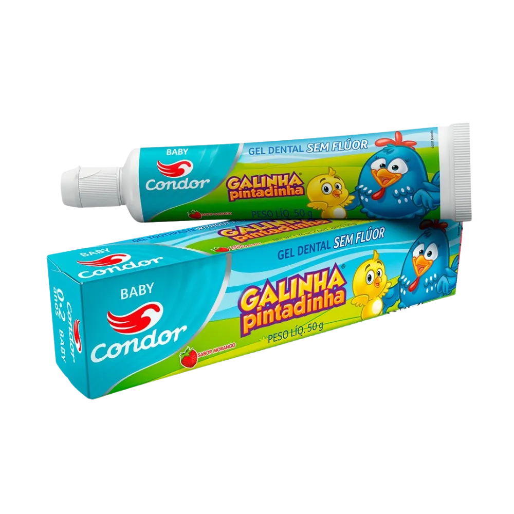 CONDOR CREME DENTAL GALINHA PINTADINHA SABOR MORANGO SEM FLUOR DE 0 A 2 ANOS 50 G